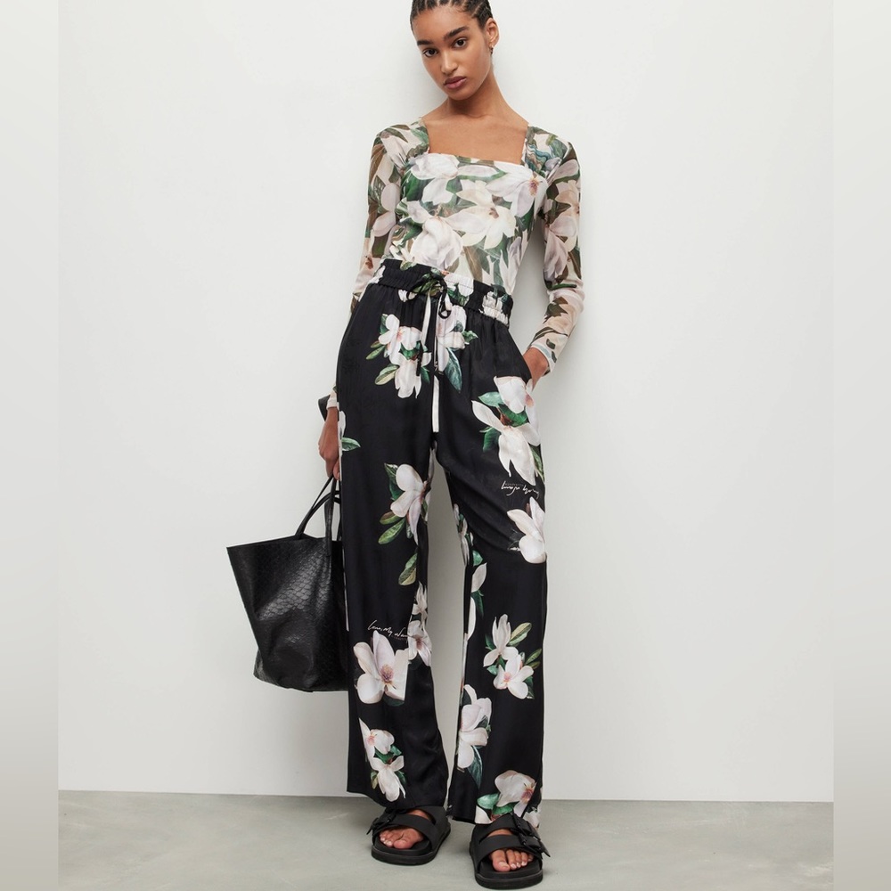 Allsaints Spring Silk Floral Flow Tie Pant Kimono Straight Leg Trousers